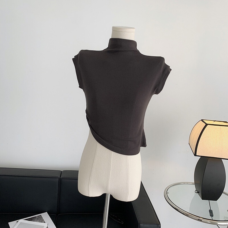 Korean Style Irregular Hem High-Neck Short-Sleeve T-Shirt That Accentuates the Bust