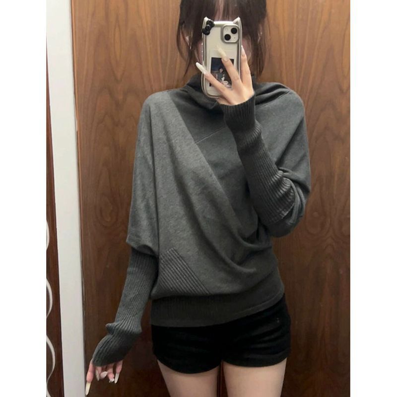 美式复古蝙蝠袖高领灰色毛衣女2024秋季新款套头针织衫设计感上衣