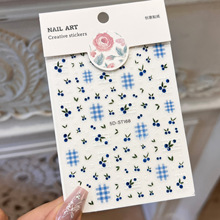 甜美日系ins风蓝莓贴纸跨境热销条纹格子指甲贴纸3D不卷边美甲贴