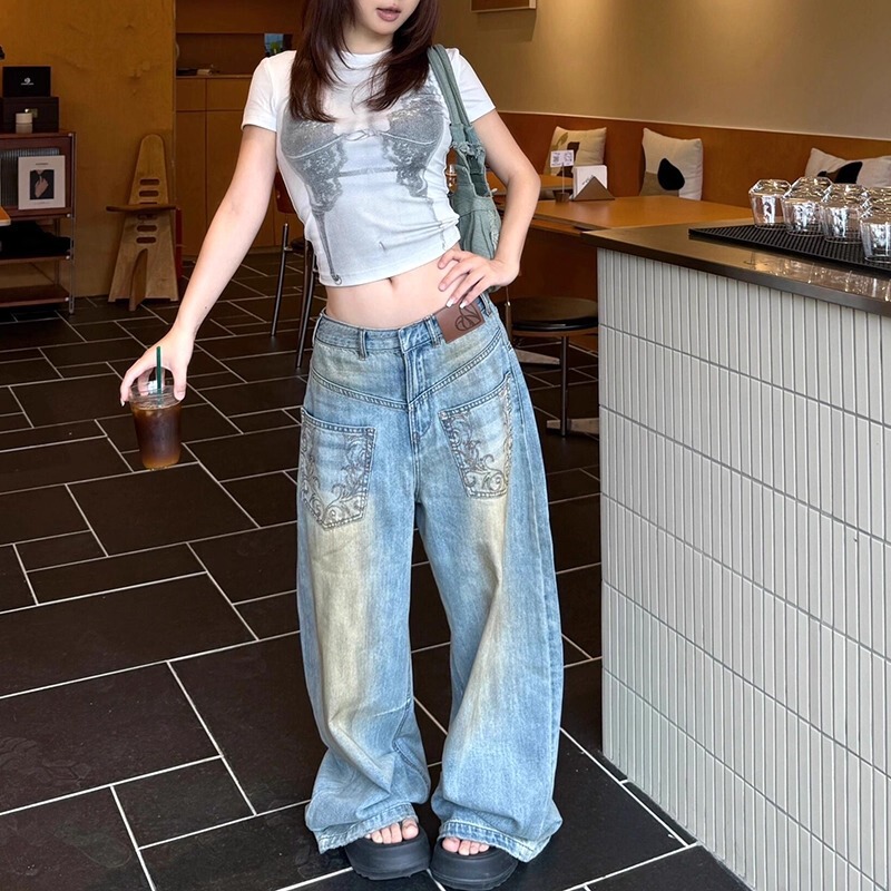 美式复古做旧脏染反转口袋牛仔裤子女夏高街辣妹设计感显瘦拖地裤|undefined