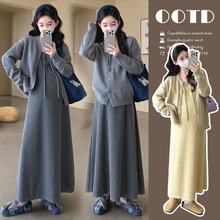 孕妇装秋冬新款开衫毛衣外套+针织背心连衣裙甜美显瘦时尚两件套