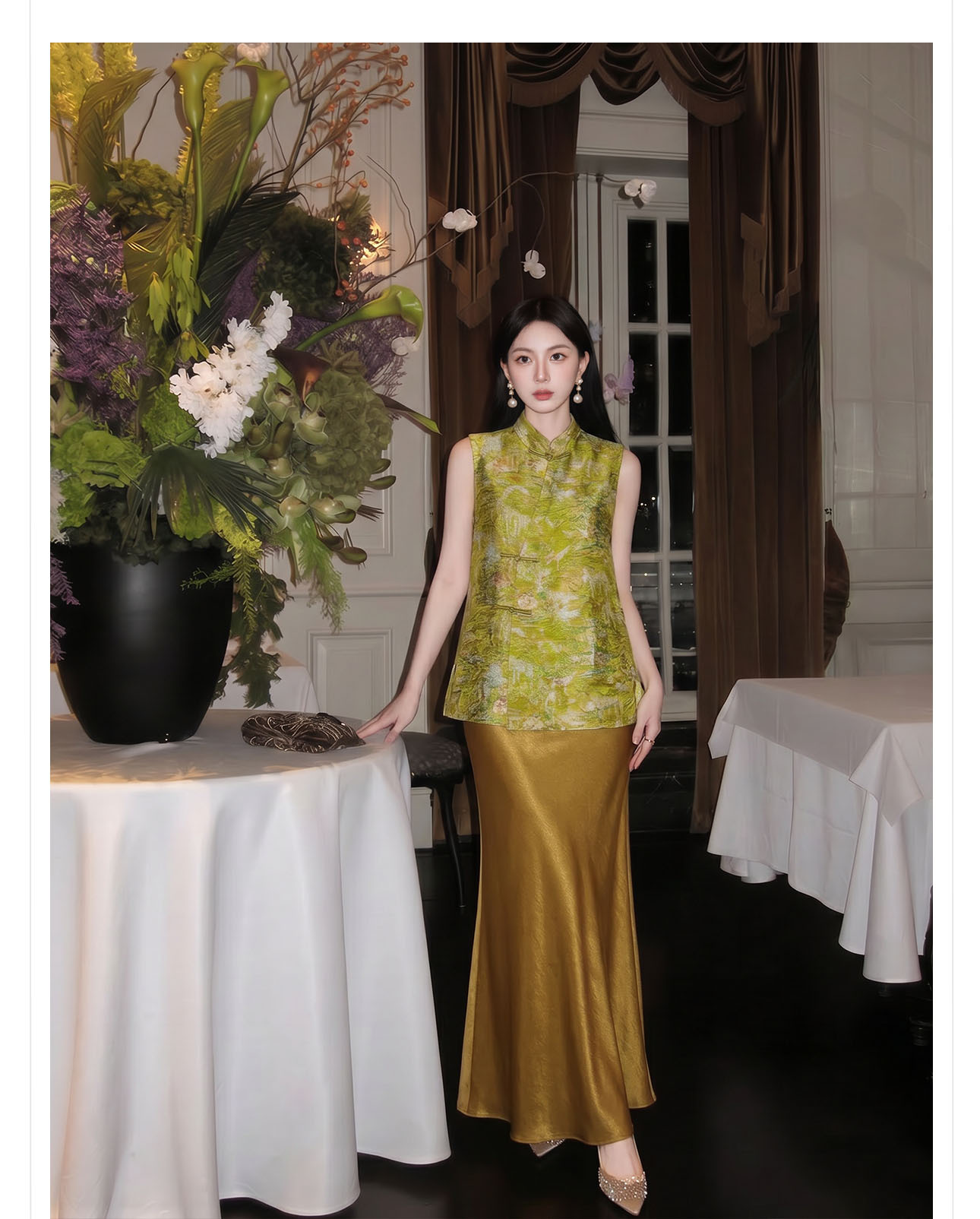 Áo hai dây nữ phong cách Trung Hoa thêu hoa, cúc bấm, chất liệu satin mềm mại — Xanh lá cây nhạtcolor chi tiết 3