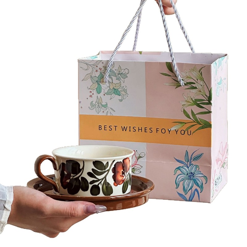 オリジナルブラウンフラワーカップ＆ソーサーコーヒーカップスズランコーヒーカップギフトボックス結婚祝いカップお土産ギフト包装|undefined