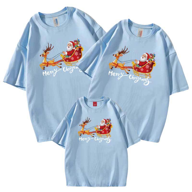 Nueva camiseta de media manga de algodón para padres e hijos de verano 2022 Navidad alces carruaje Santa Claus Día de Año Nuevo ropa de clase