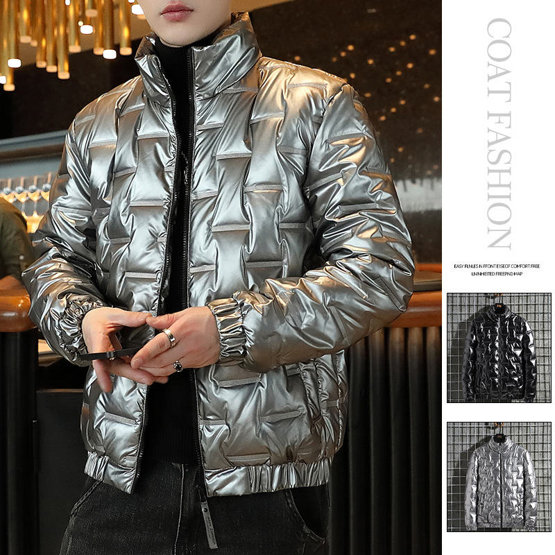 2023 nuevos hombres jóvenes abajo abrigo de algodón acolchado gris plateado brillante abrigo de algodón acolchado abrigo de invierno de estilo coreano de los hombres lote de ropa de los hombres