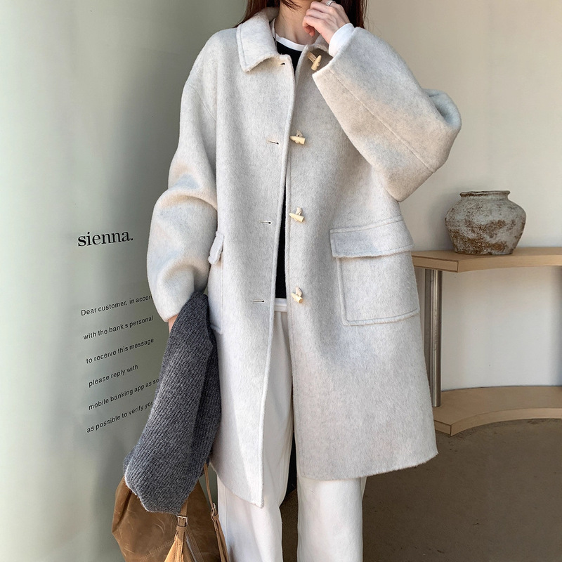 Horn Button Wool Double-Sided Coat for Women, Winter 2025 New Style, Weisong Women's Korean-Style Lapel Woolen Coat