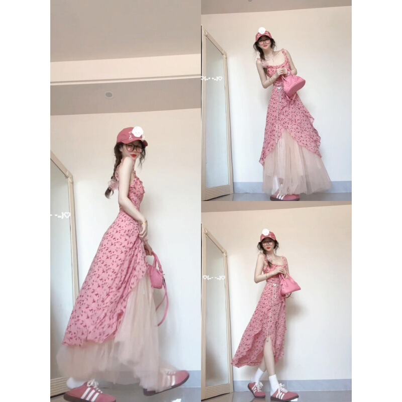 French Floral Sling dress Women's Design Sense Niche Ruffled Elegant Waist Long Dress Two-piece Set