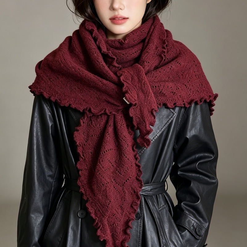 Triangle Scarf and Shawl Dual-Use Hollow-Out Breathable Solid Color Scarf with a Vintage Vibe, Knitted Retro Shawl Scarf for Autumn and Winter