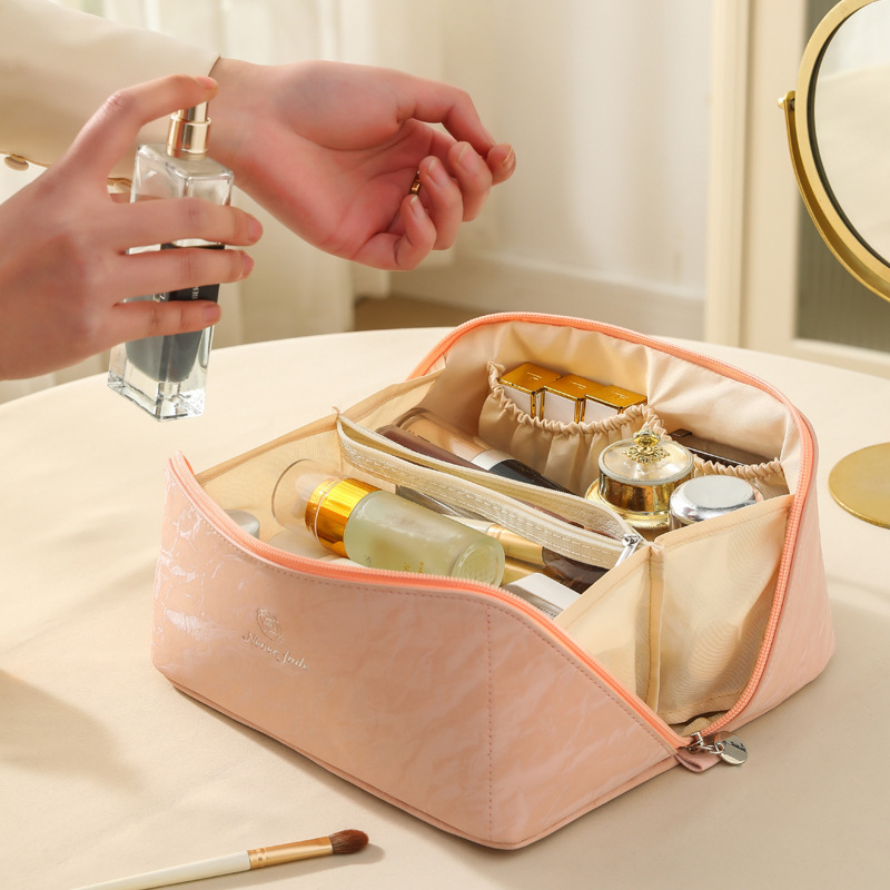 Bolsa de almohada de órgano de cuero PU bolsas de maquillaje rojas multicapa bolsas de lavado bolsas portátiles de viaje