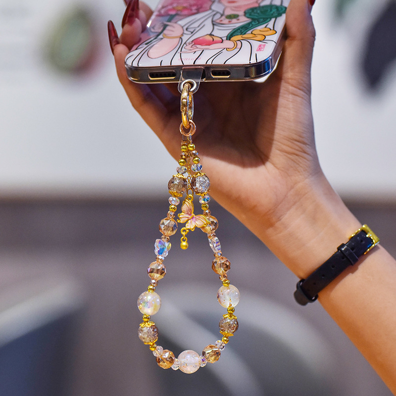 Nuevo estilo chino de alta calidad cadena de teléfonos móviles cristal ligero lujoso viento dorado colgante mariposa frillera corta cuerda de caso de teléfono móvil