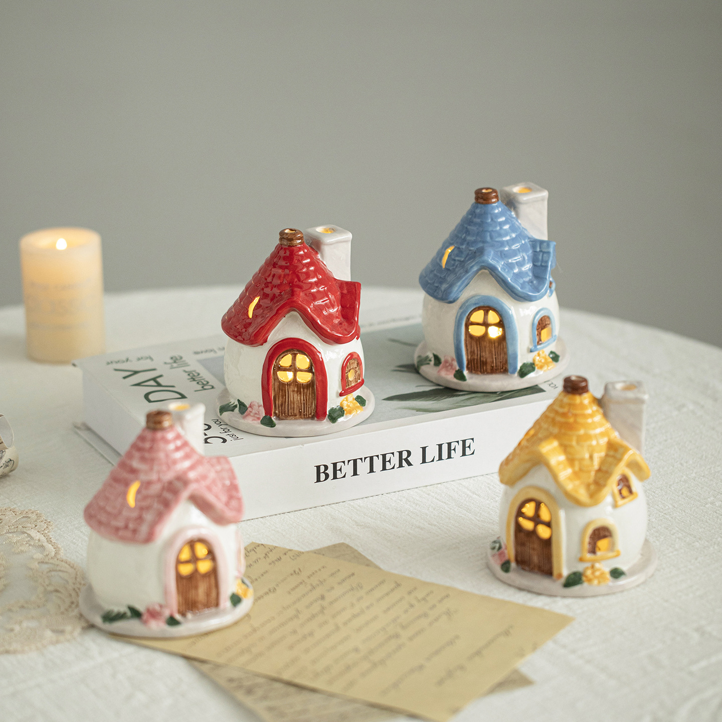 Casa de cerámica pastoral en la casa de viento lámpara de noche noche noche de la cama de la atmósfera de la chica amiga regalos de cumpleaños decoración adornos