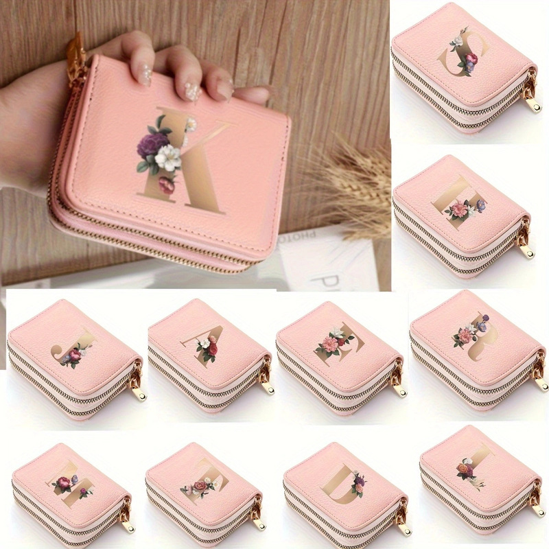 Initial Letter Floral Pattern Lychee Embossed Card Holder Credit Card Wallet Lightweight Zipper Portable Accordion-Style Wallet