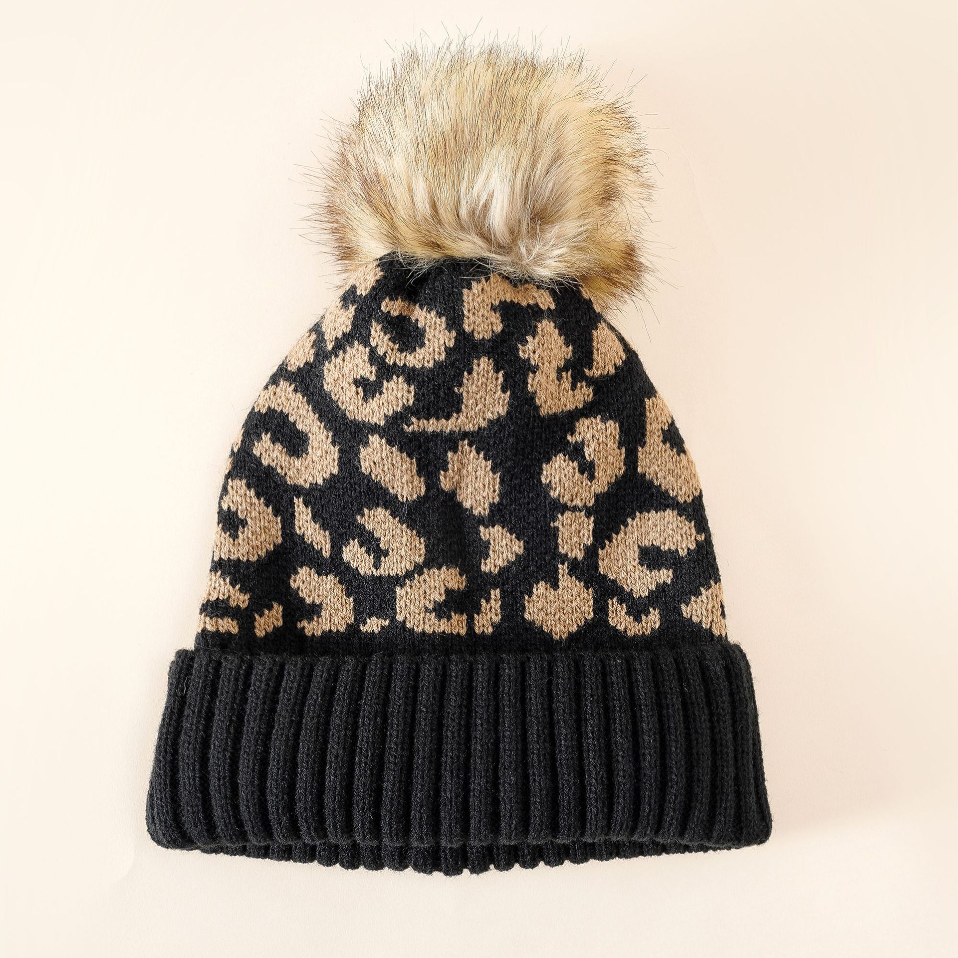 Sombrero de punto sombrero Otoño e Invierno leopardo impresión Bola de piel caliente moda estilo coreano estudiante casual Internet celebridad lana sombrero femenino Masculino