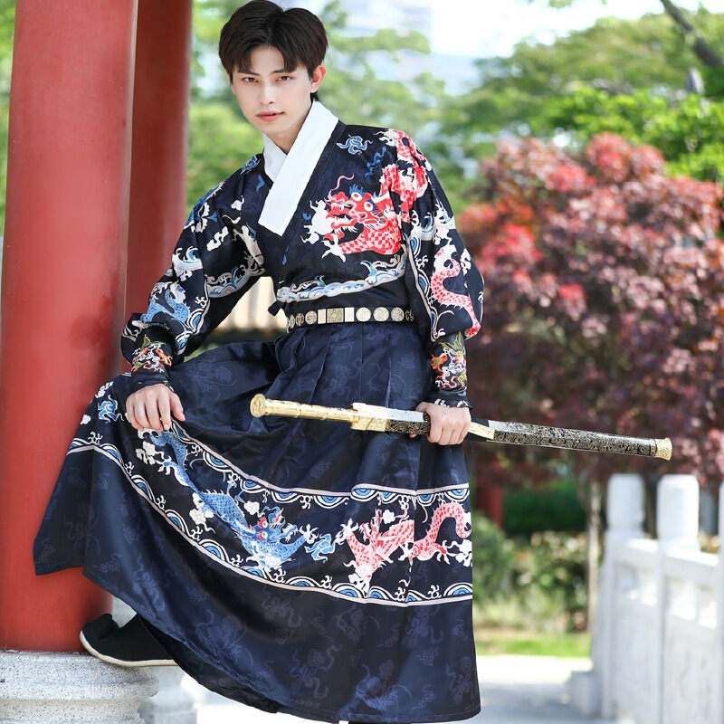 New Original traditional men's straight sleeve Hanfu National style printed black flying fish clothing domineering dragon pattern Jinyiwei performance clothing