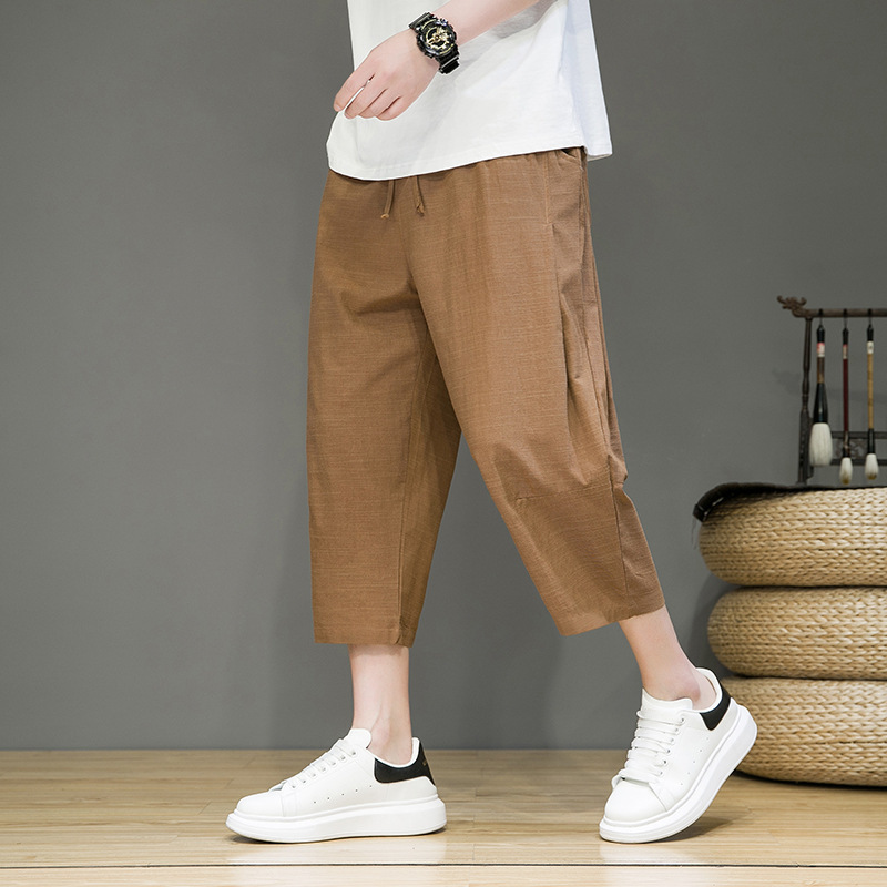 Pantalones cortos de lino, pantalones finos de verano para hombres, pantalones rectos sueltos, pantalones de 7 puntos de algodón y lino de estilo chino, pantalones cortos casuales