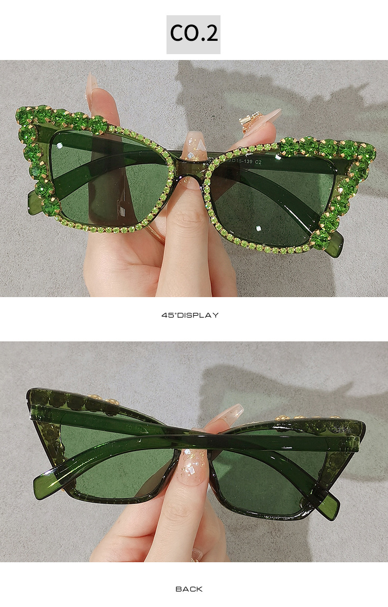 Women'S Gender Diamond Design Fashion Solid Color Ac UV400 Protection Cat Eye Diamond Full Frame Women's Sunglasses