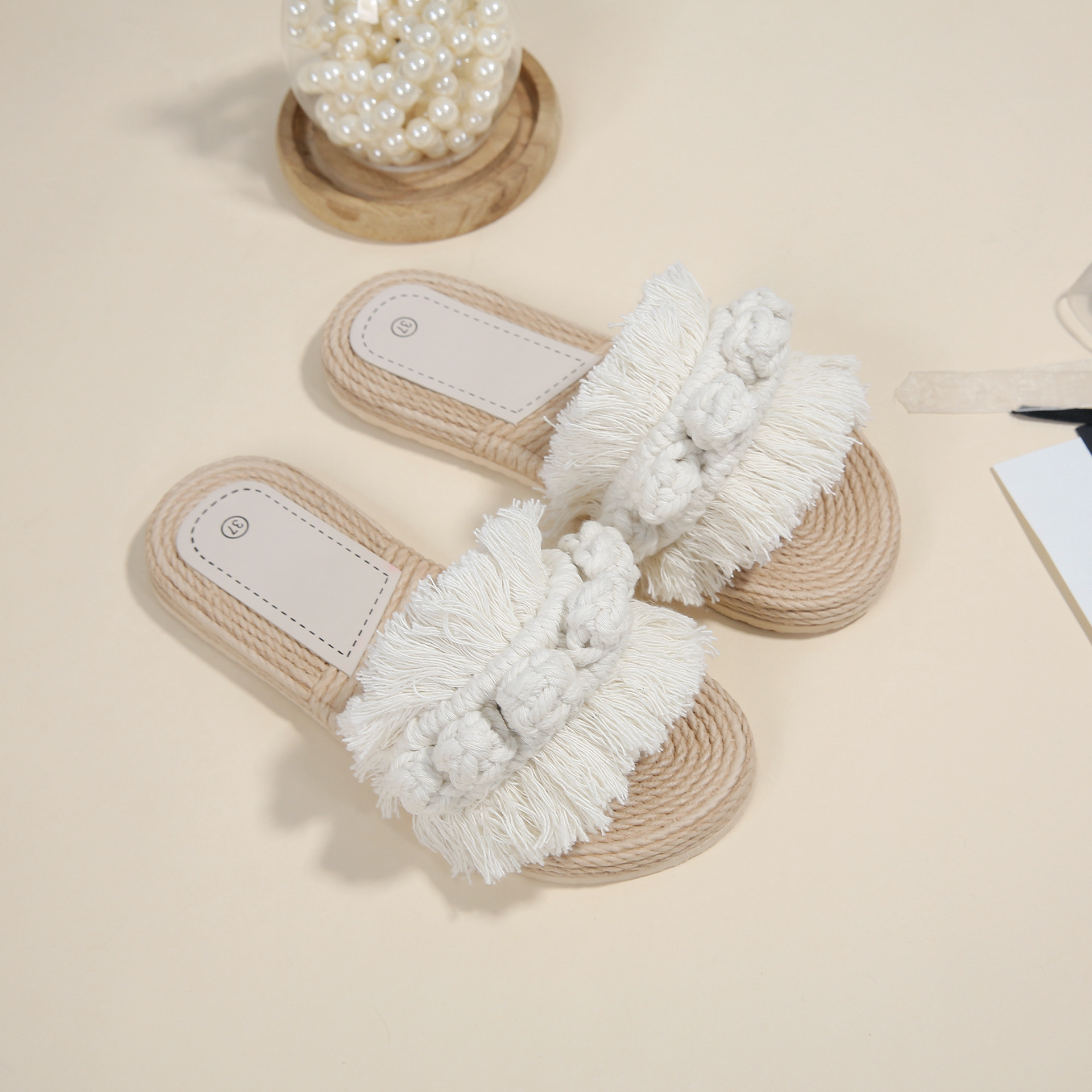 Cordón de algodón tejido a mano con bordas zapatos de mujer de moda de verano zapatos de vacaciones antideslizantes zapatillas de talón plano resistentes al desgaste
