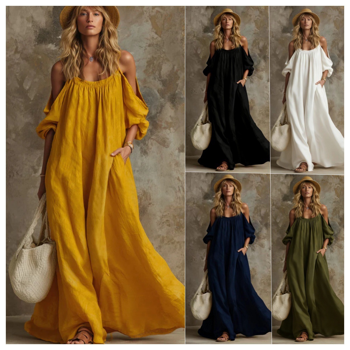 European and American Amazon Independent Site Vacation Style Pocketed Strapless Cotton-Linen Loose Slimming Flared Dress