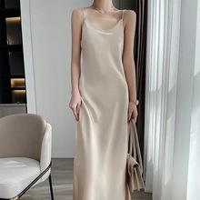 真丝吊带连衣裙桑蚕丝高端纯色中长款大码过膝A字裙宽松收腰显瘦