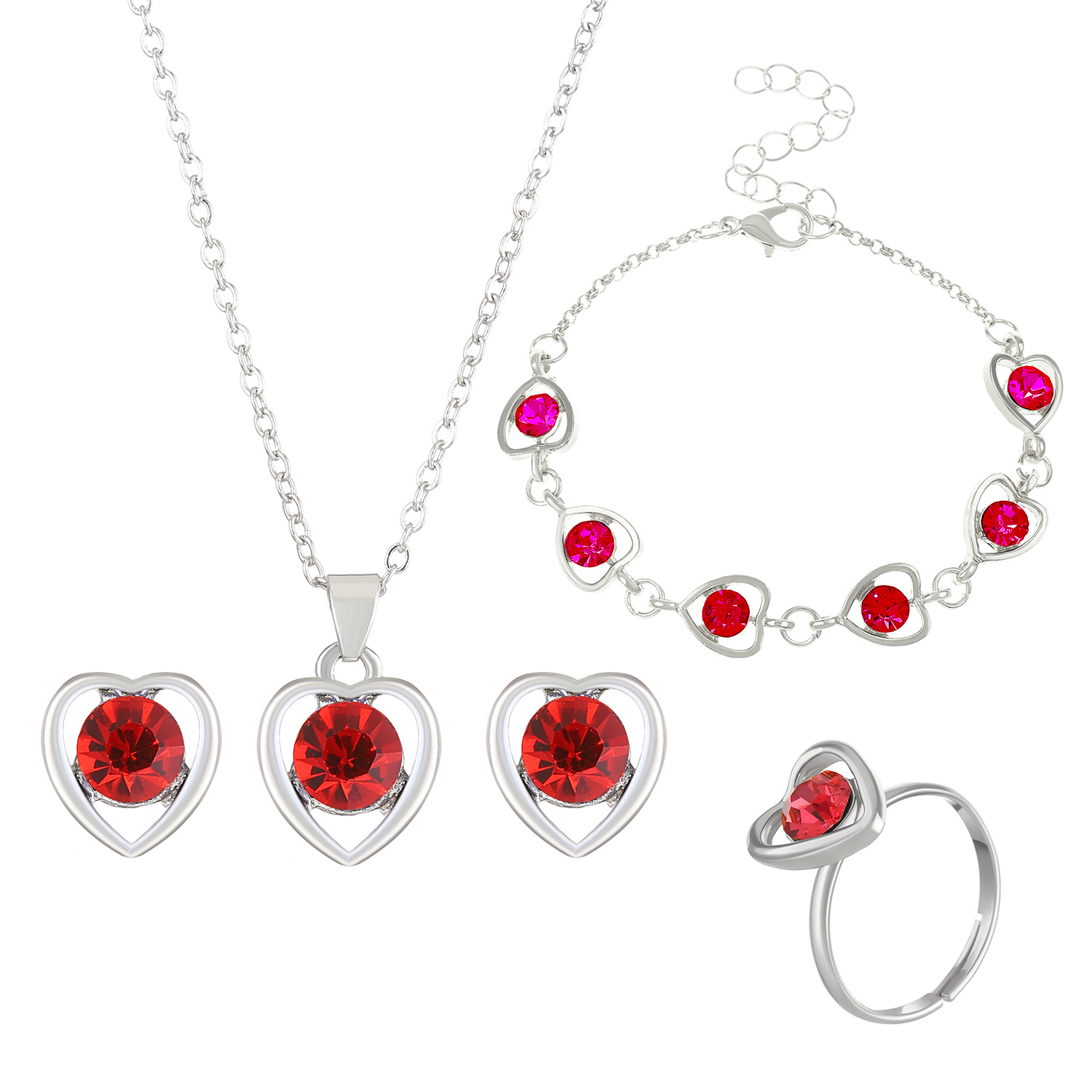 Venta caliente transfronteriza joyería en forma de corazón de cristal traje personalidad femenina temperamento corazón collar pendientes anillo pulsera conjunto de cuatro piezas