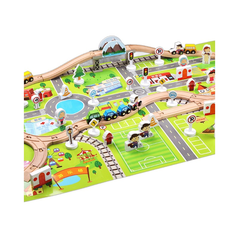 Juguetes educativos para niños 80P madera ciudad tráfico coche pequeño tren juguete bloques de construcción