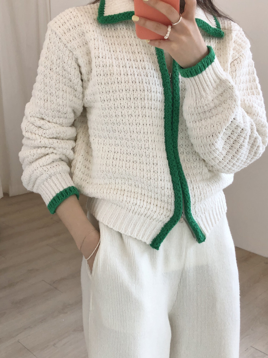 Contrast Thick Needle Zipper Cardigan Sweater Coat