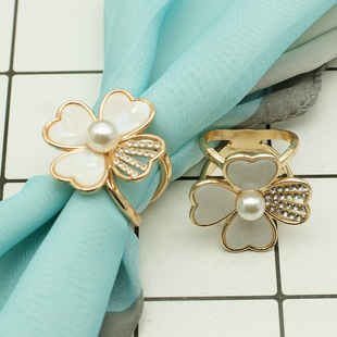 New Multifunctional Clothing Accessories Four-Leaf Clover Silk Scarf Buckle Pearl Alloy High-End Versatile Coat Belt Fixed Buckle