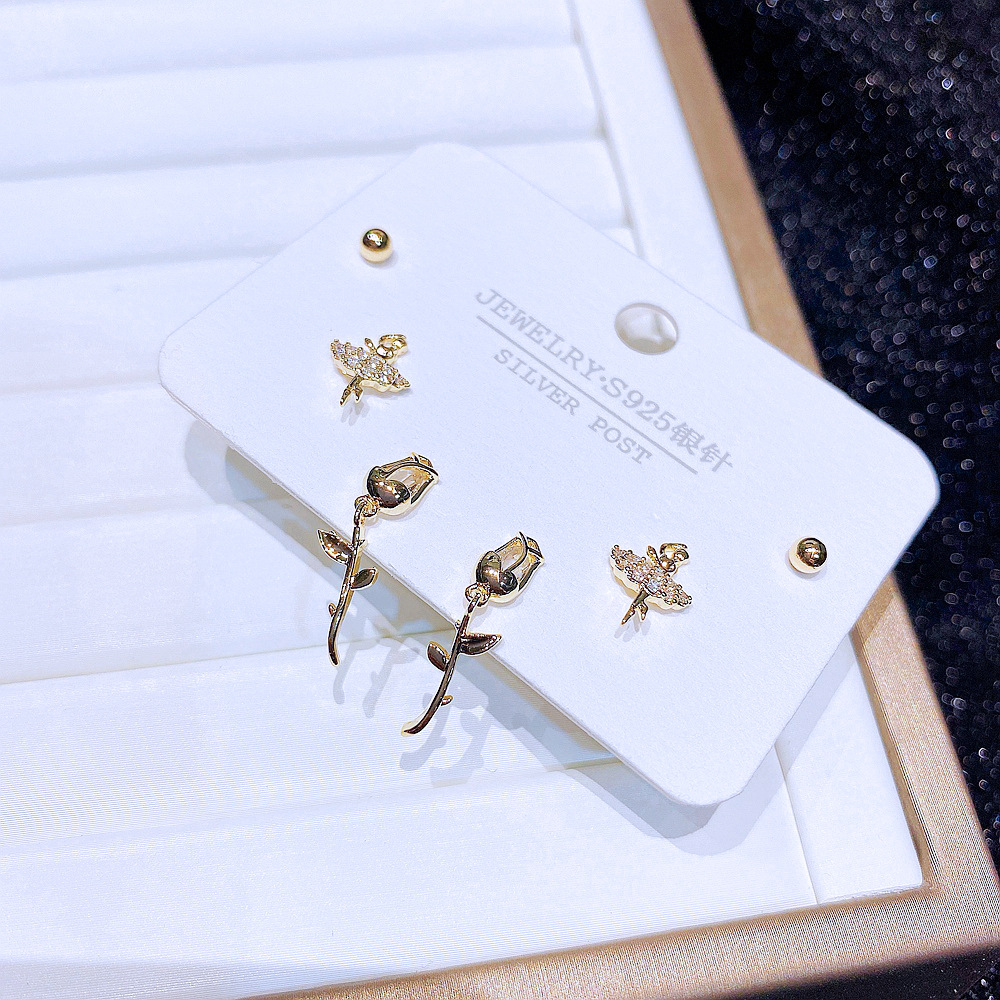 Sweet Flower Copper Ear Studs Inlay Zircon Copper Earrings