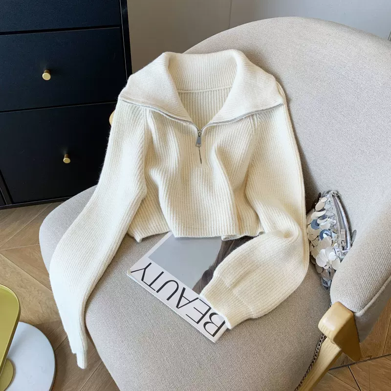 实拍现货 韩版拉链短款针织衫女宽松外穿慵懒风翻领毛衣外套上衣