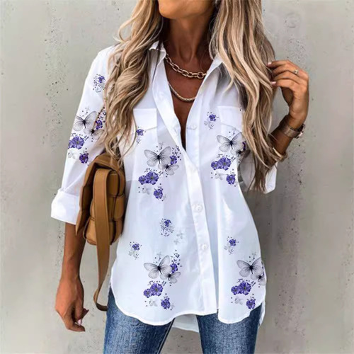 2025 Season Independent Station Amazon Bestseller Collared Mini Fresh Digital Print Cuff Button-up Shirt