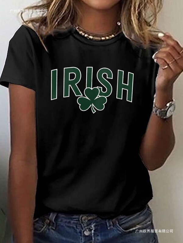 Irish Clover Print T-Shirt for Women - Short Sleeve Round Neck Casual Top with Eye-Catching Green Lettering Design
