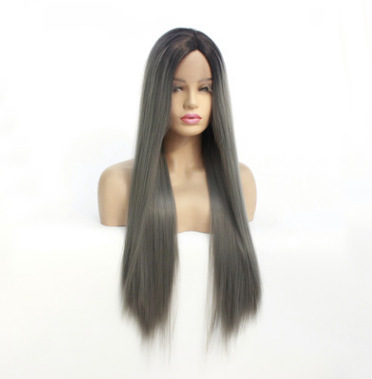Fijación media recta gris delantera encaje semicimica fibra de seda de alta temperatura peluca LW0029