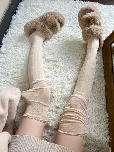 Zhou Meimei Style  Autumn/Winter Dongdaemun Striped Patchwork Unisex Sweet & Cool Pile Socks Women's Knee-High Socks