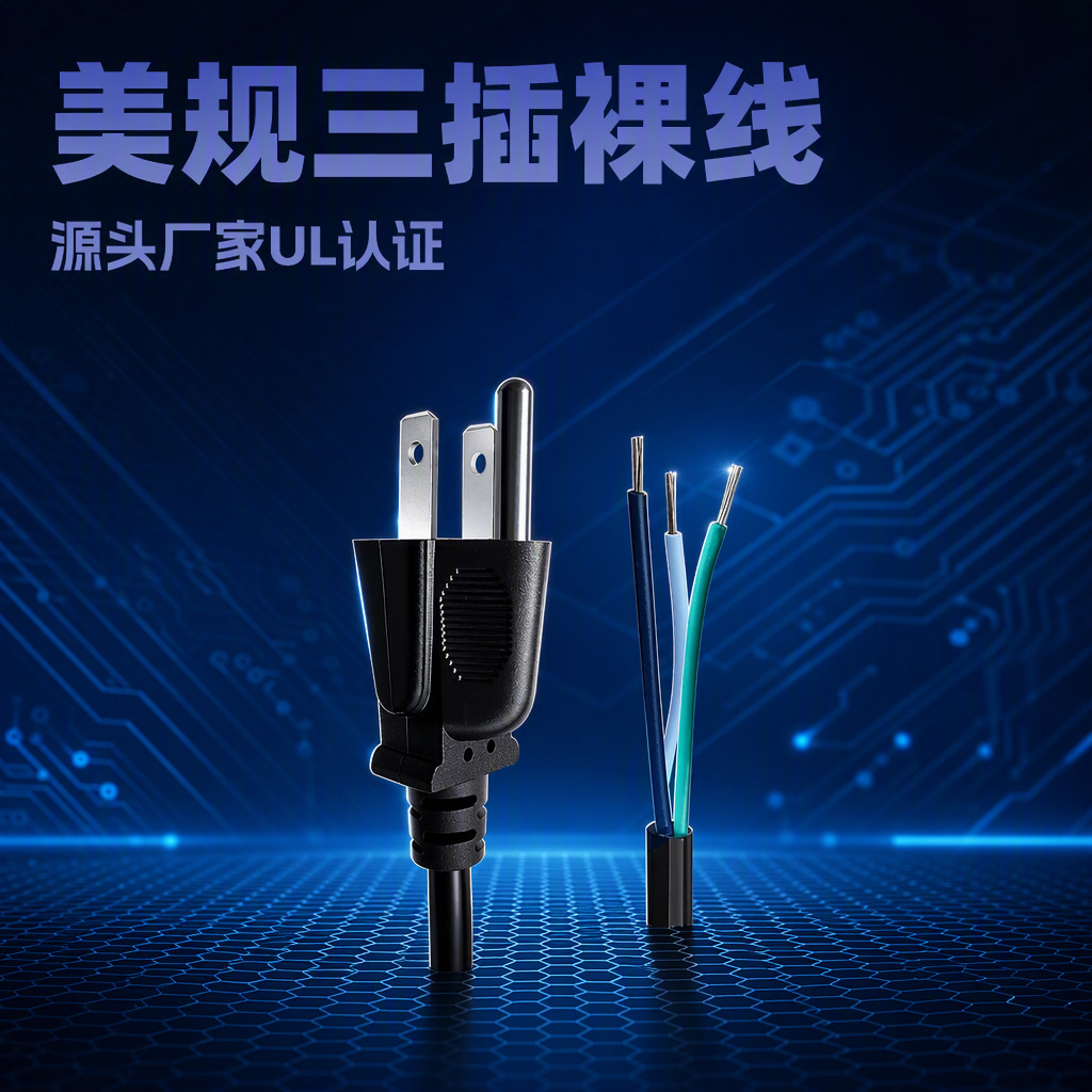爆款18AWG美规充电三插单头带卡位裸线电源线0.824UL纯铜线材