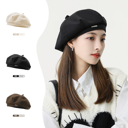 Korean style autumn and winter woolen metal beret hat for women, octagonal hat, big head circumference, small face, fashionable literary painter hat