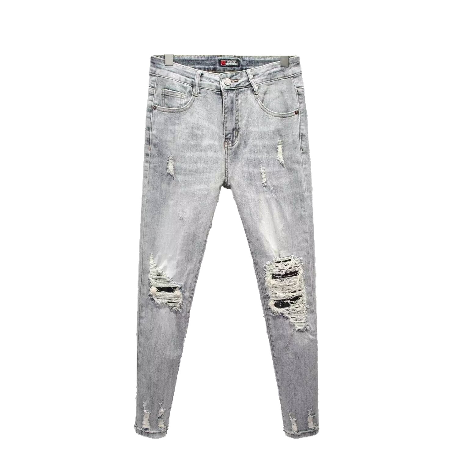 American High Street Ripped Jeans For Men Slim Fit Straight Long Trendy Zipper Cuff Cool Pants Fashion_mkmklike.com