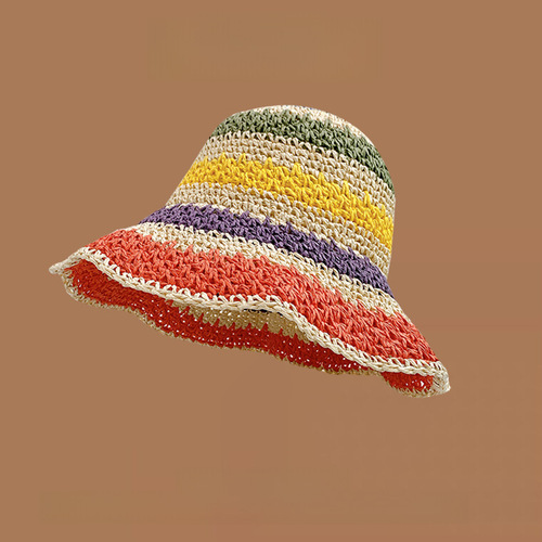 Spring and summer Korean style sweet and versatile woven straw hat for women beach sunshade and sun protection fisherman hat with big brim and small basin hat trendy