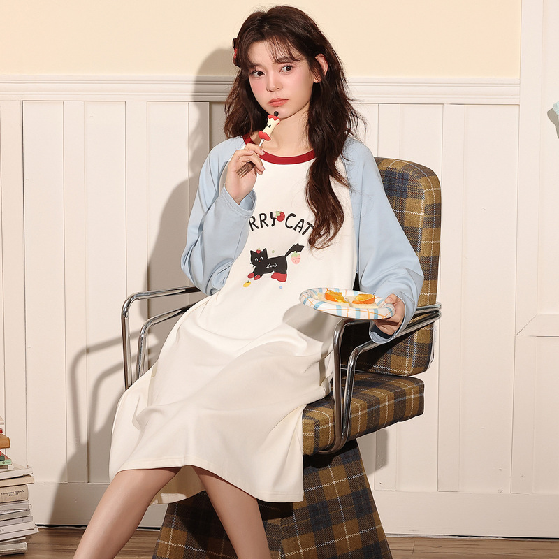 Women's Nightgown for Autumn and Spring, Pure Cotton Long Sleeve Cartoon Sweet Sleepwear for Women, Loose Fit for Pregnant Women, 2026 New Summer Model