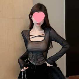 设计感辣妹风透视网纱显胸大恤小众港味修身显瘦收腰系带上衣潮