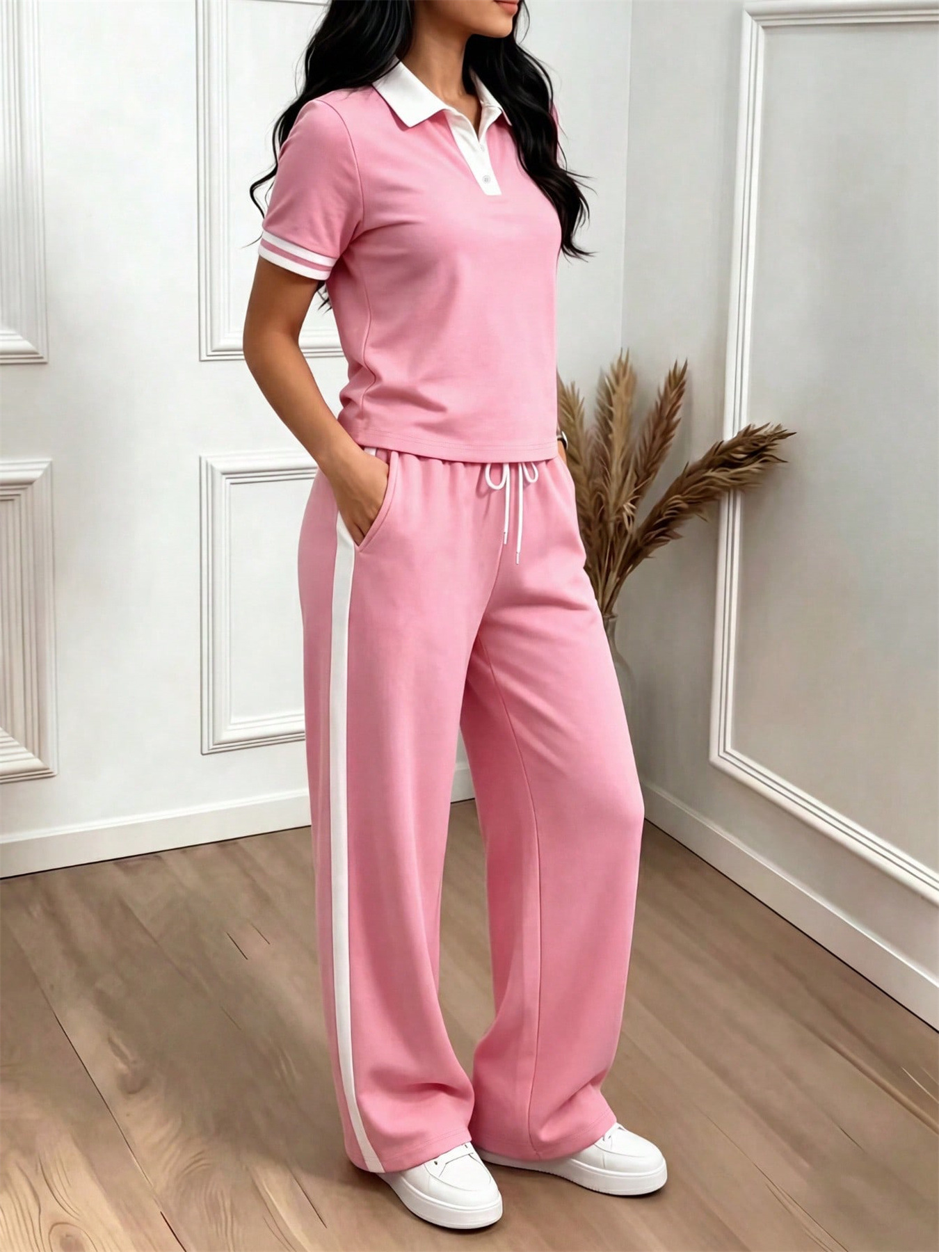 Women's Casual Color Block Polo Neck Top with Striped High-Waisted Drawstring Trousers Set Comfortable Summer Pant Set_ecoleips.com