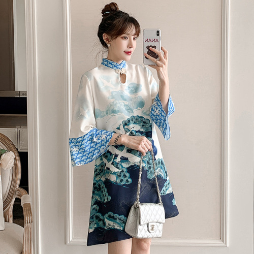 Blue gradient chinese dress qipao Chinese style ink print cheongsam Lady temperament dress improved young cheongsam