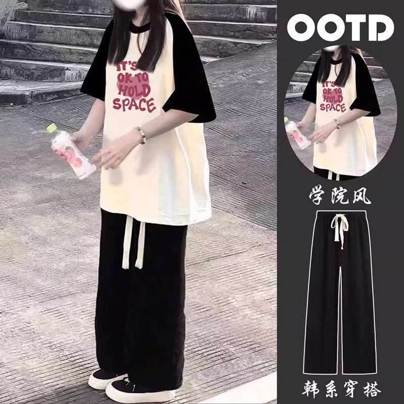 夏季2025新款男女童纯棉插肩短袖套装多款卡通印花中大童长裤上衣
