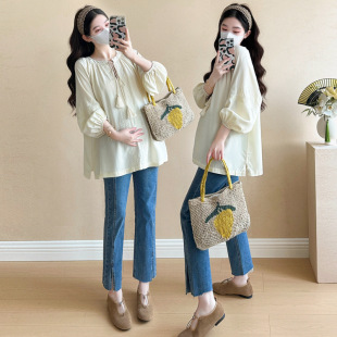 2025 New Pregnant Women's Shirt Spring New Long Sleeve Embroidered Shirt Doll Shirt Fashion Going Out Pregnant Women's Clothing Trendy Mom