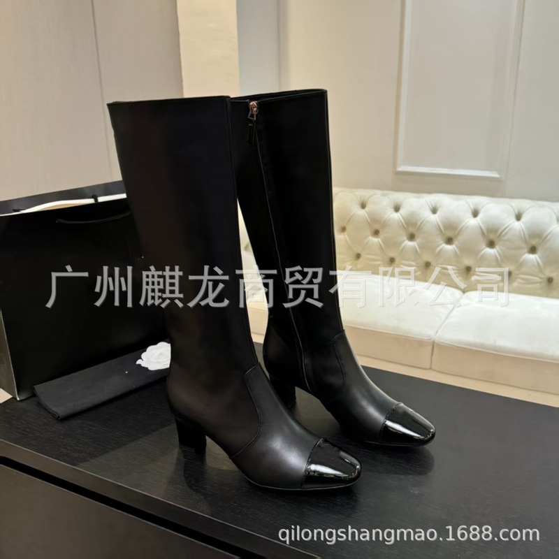 高端品质2025秋冬小香风真皮拼色复古粗跟侧拉链高跟不过膝长靴女|undefined