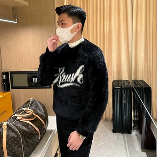 时尚2024加厚毛线衣男冬季高级感黑色休闲软糯水貂绒毛衣男装上衣