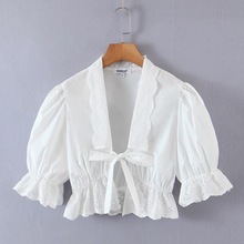XDS/9008RT 韩版时尚女装 蝴蝶结系带收腰泡泡袖白色短款上衣