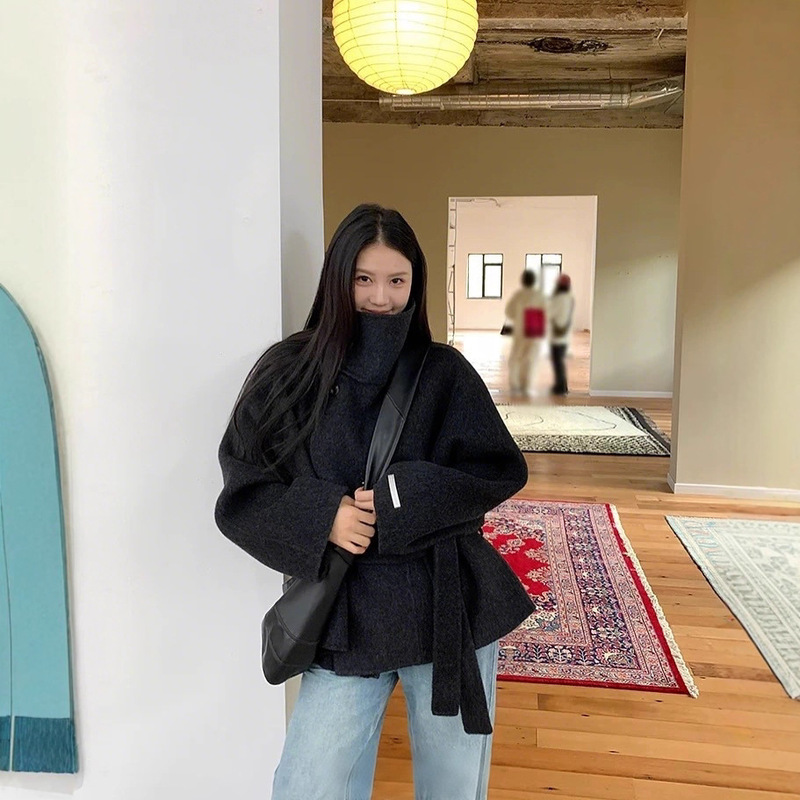 Cross-Border High-End 2025 Autumn and Winter New Solid Color Long-Sleeved Stand-Up Collar Buttoned Woolen Lace-Up Women's Jacket Cross-Border High-End 2025 Autumn and Winter New Solid Color Long-Sleeved Stand-Up Collar Buttoned Woolen Lace-Up Women's Jacket