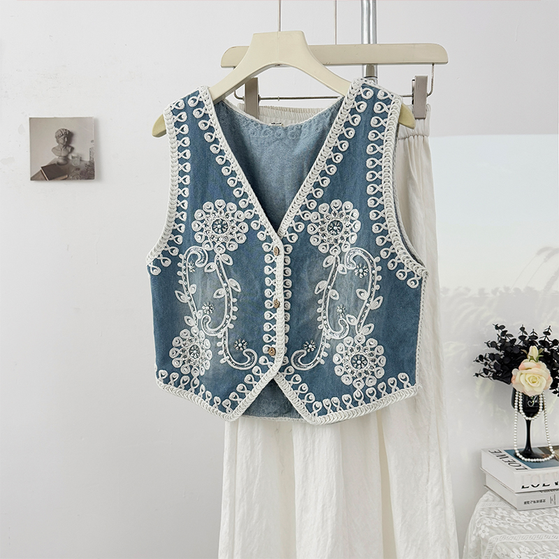 Chinese Style Retro Embroidery Shiny Denim Vest Women's Summer Style Age-Reducing Versatile Small Cardigan Short Coat