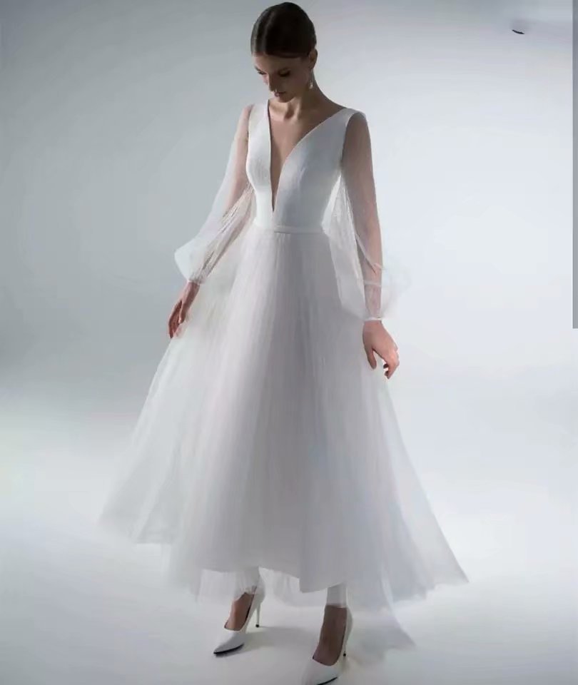 Comercio exterior europeo y americano Amazon AliExpress deseo nuevo profundo V burbuja malla manga larga MIDI vestido de novia