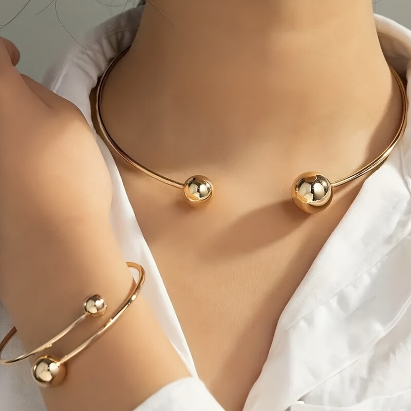 Minimalist Style Fashion Distinctive Size Round Bead Decorative Collar Bracelet suit Women's Simple Versatile Jewelry suit